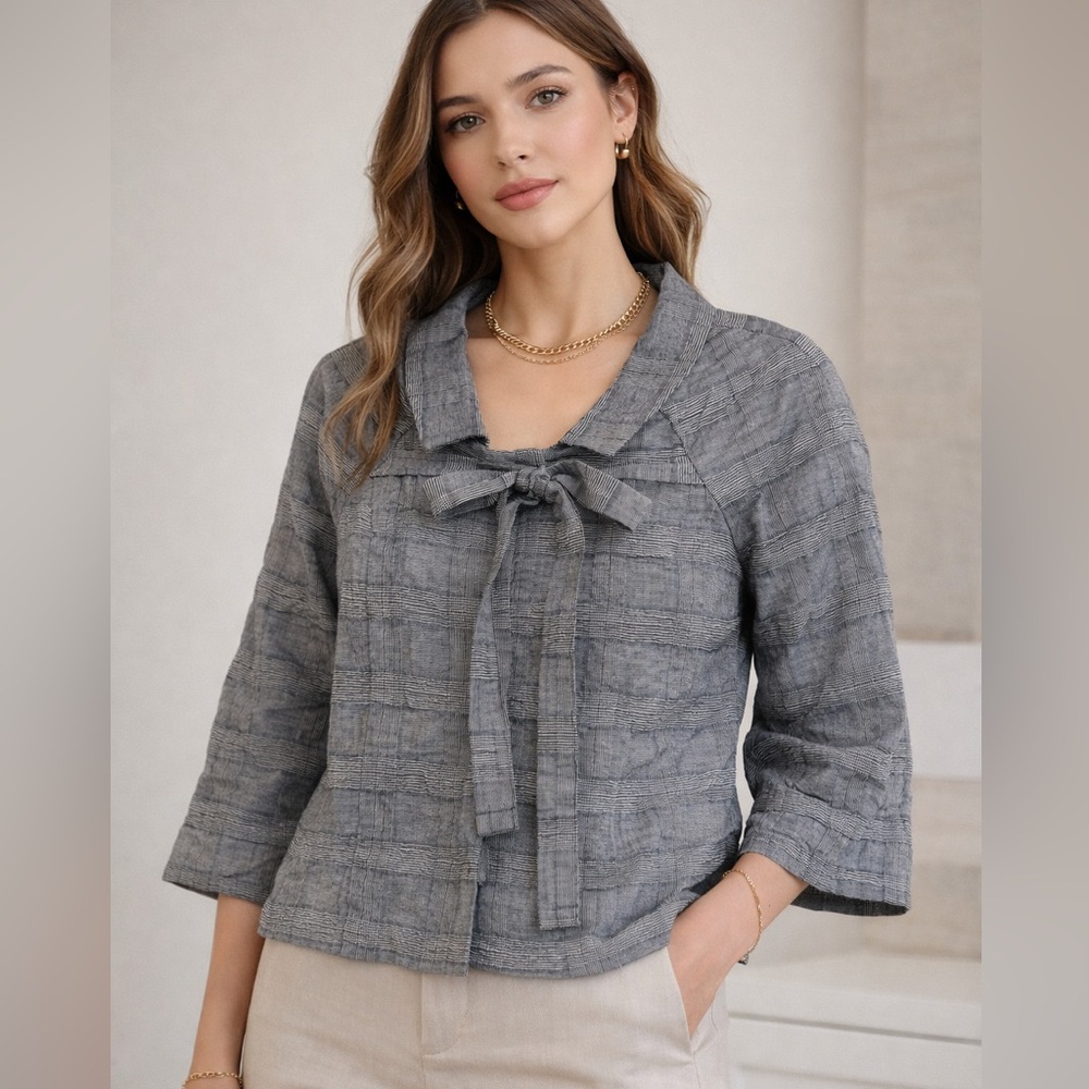 Poleci Gray Plaid Cropped Jacket Blouse Tie Front Lace Back Size 8